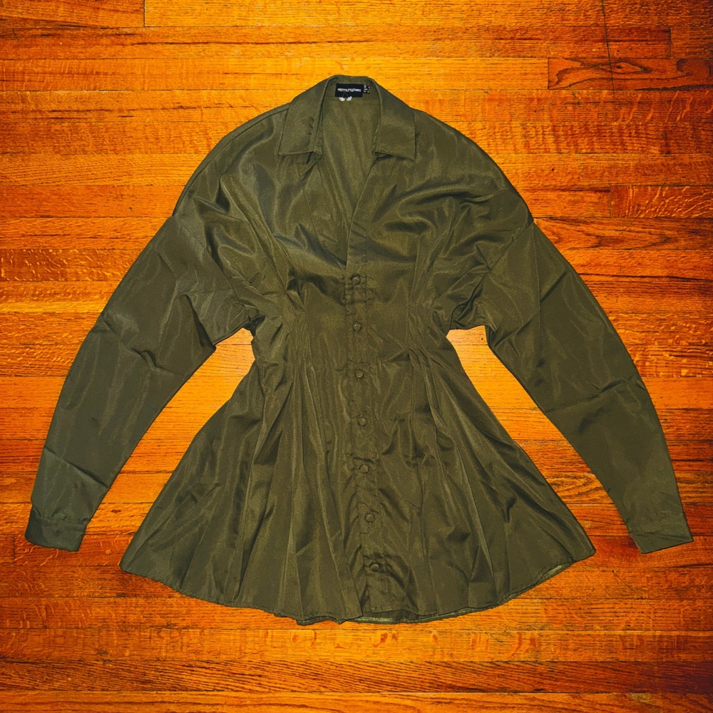 PrettyLittleThing Olive‎ Green Pleated Waist Oversized Shirt Dress Size 2